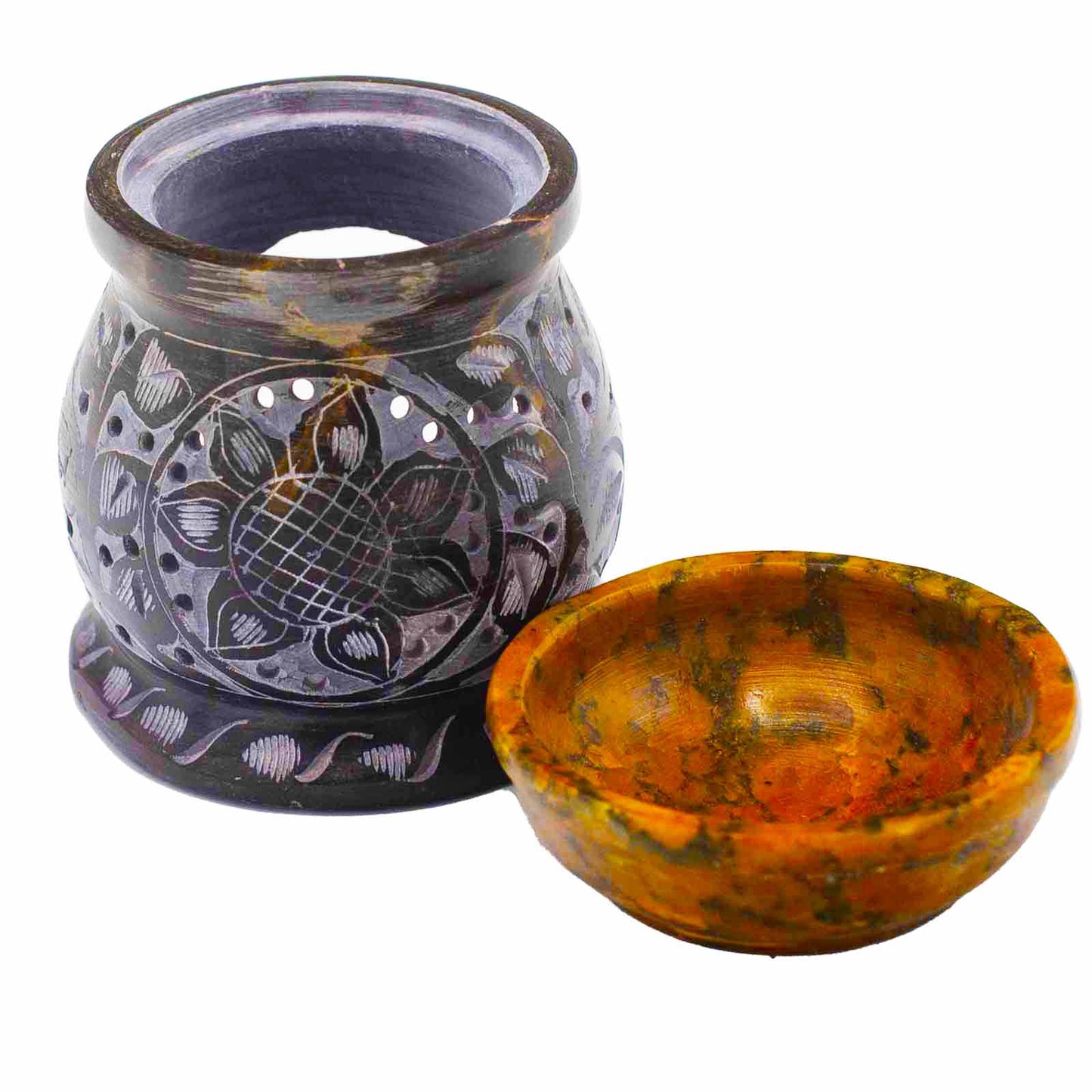 Brûleur à Huile en Stéatite 10cm - Fleur de Mandala - Noir et Jaune