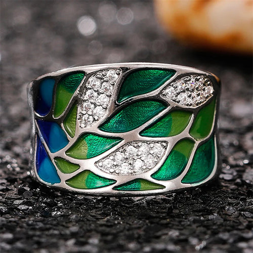 Bague Femme Email Feuillage Vert – Fait Main, Luxe et Élégance